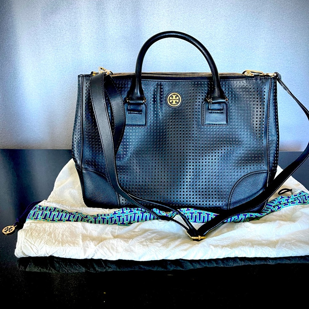 Tory Burch Robinson Perforated SaffinoLeather Double Zip Satchel-original $575